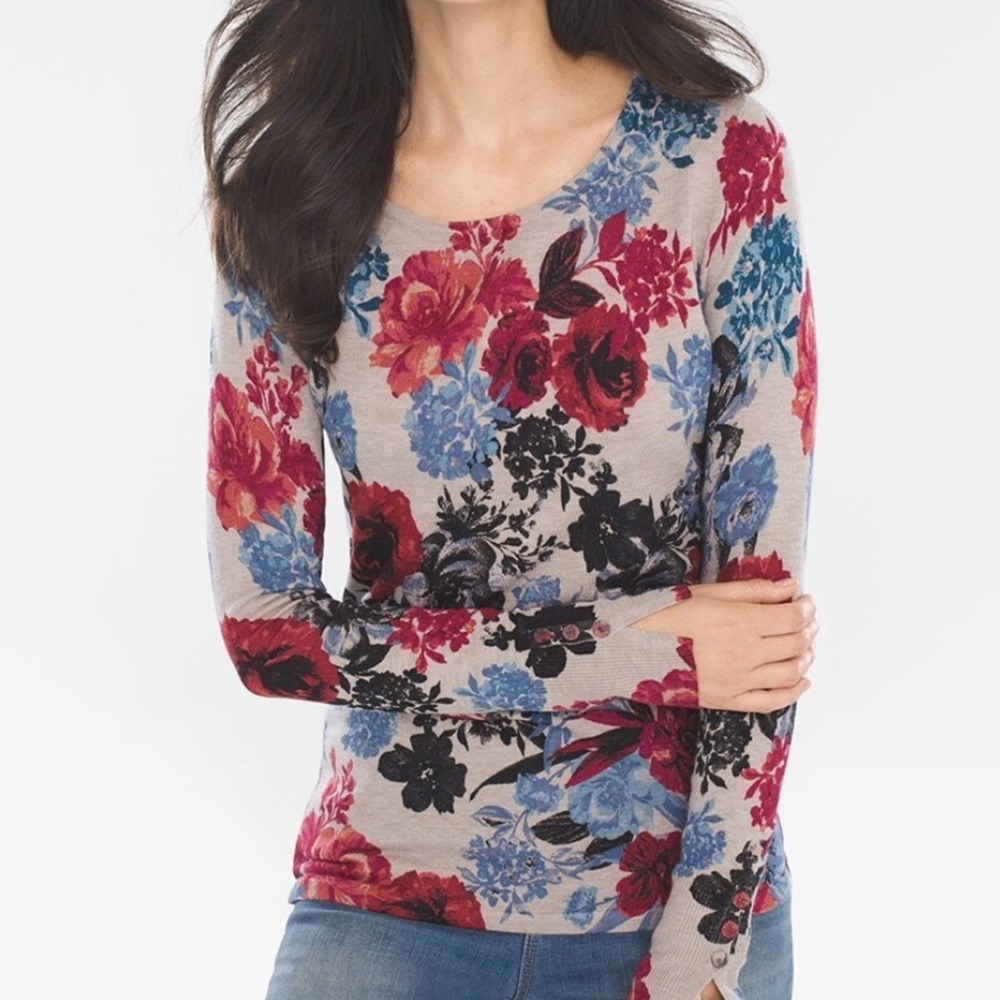 Chico's Rose-Print Button-Sleeve Lightweight Pullover Women's M